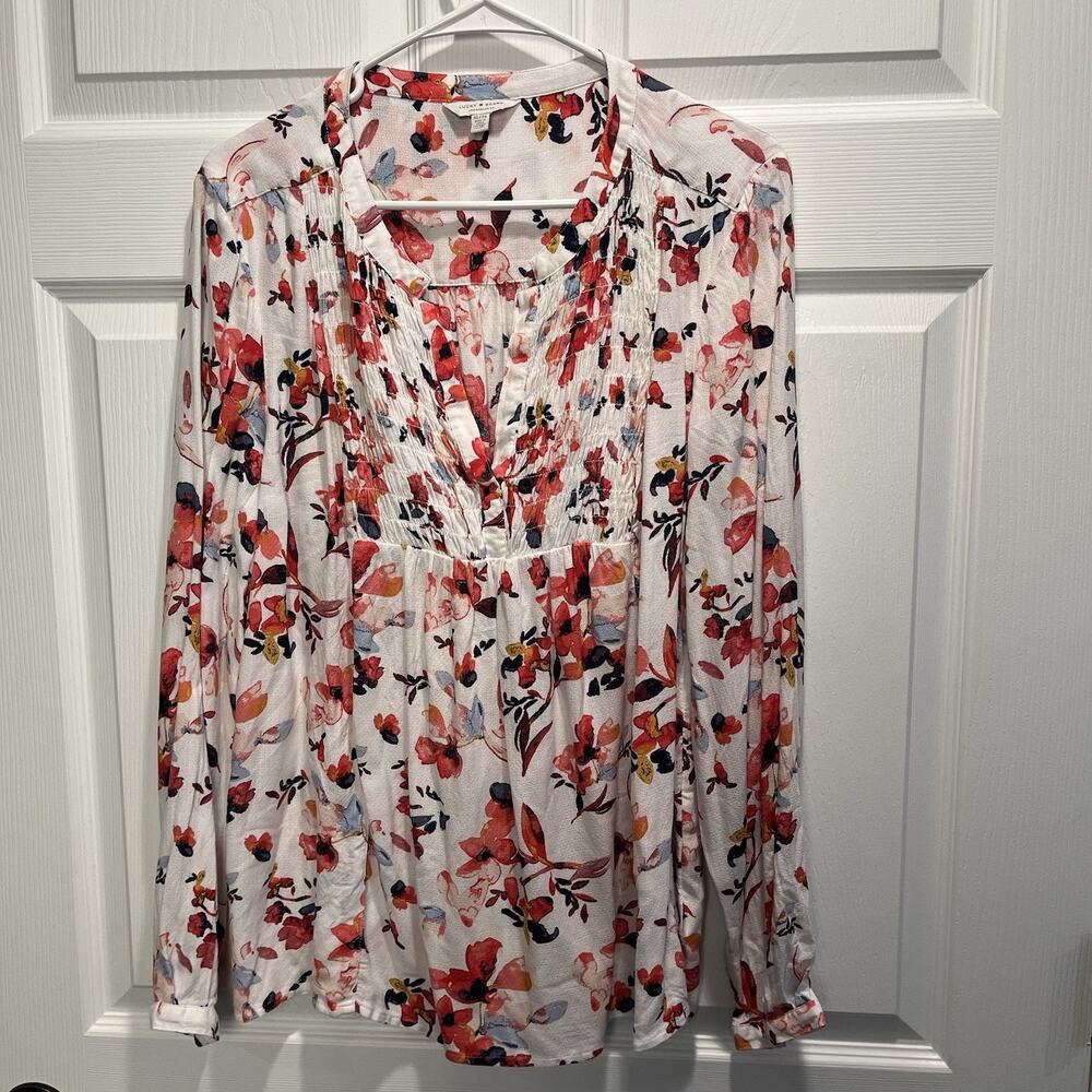 Lucky Brand Smocked Split Neck Floral Top Women XL Long Sleeve Tunic Top Blouse